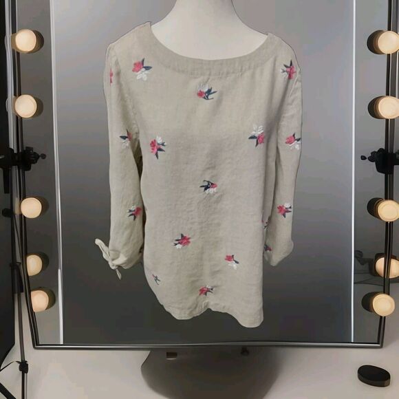Linen Charter Clun Luxury Blouse Size M Beige Embroidered Floral 100% Linen - Picture 1 of 7